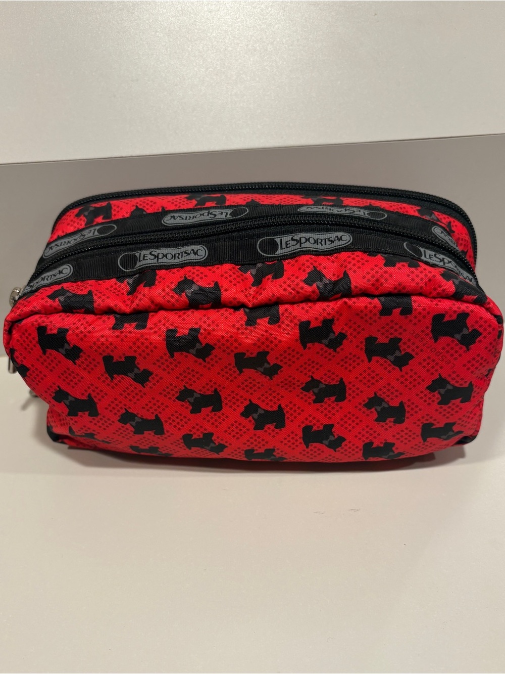 Lesportsac Red Toiletry Pouch with Black Scottie Print Makeup Case Travel Bag